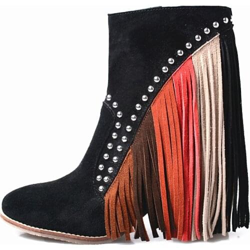 2020 Womens Winter Cow Suede Boots Tassel Thick Heels Zipper Round Toe Rivet Ankle Boots Designer Black/Khaki Motorcycle Booties