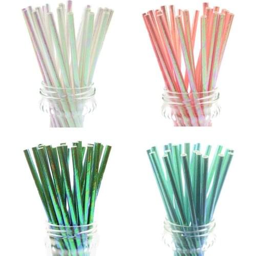 25pcs/lot Pearl Rainbow Iridescent Paper Straws Kids Birthday Wedding Decoration Bridal Shower Party Drinking Paper Straws DIY