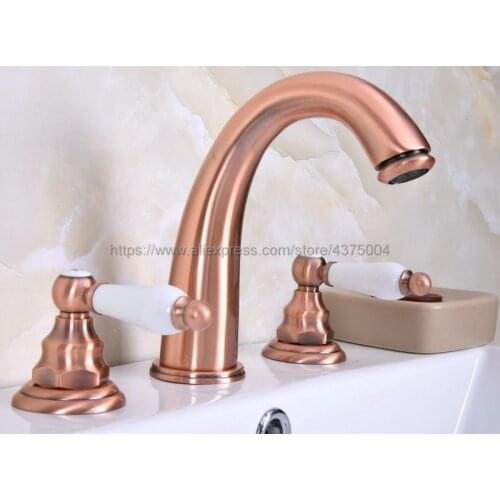 3 pcs Antique Red Copper Deck Mounted Bathroom Mixer Tap Bath Basin Sink Vanity Faucet Water Tap Bath Faucets Nrg063