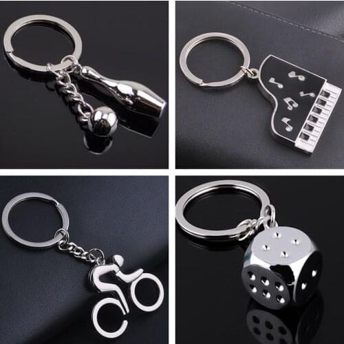 50pcs/lot Sport Bicycle Cycle Racing Key Chain Bowling Ball Keyring Piano/Dice Keychain Holder Wholesale