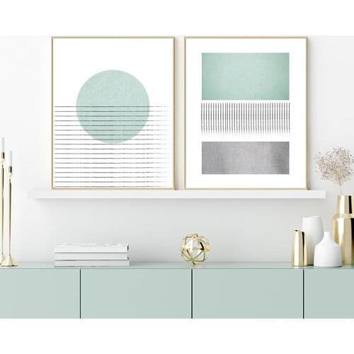 Sage Green Grey Abstract Geometric Canvas Painting Wall Pictures Mid Century Modern Minimalist Art Prints Living Room Decor