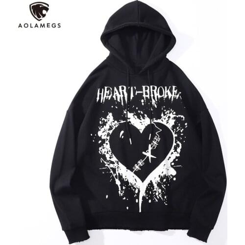 Aolamegs Hoodie Men Heart Inkjet Letter Graffiti Distressed Pullover Autumn Hooded Baggy High Street Punk Cool Streetwear Couple