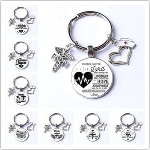 Nurses Day Doctor Gift I am a nurse RN Key Ring Heart Shape Dripping Nurse Hat Keychain Glass Cabochon Keychain
