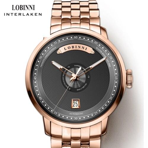 Luxury Brand Switzerland LOBINNI Automatic Watch Men Rose Gold Steel Mechanical Watches Dress Sapphire 50m Waterproof Relogio