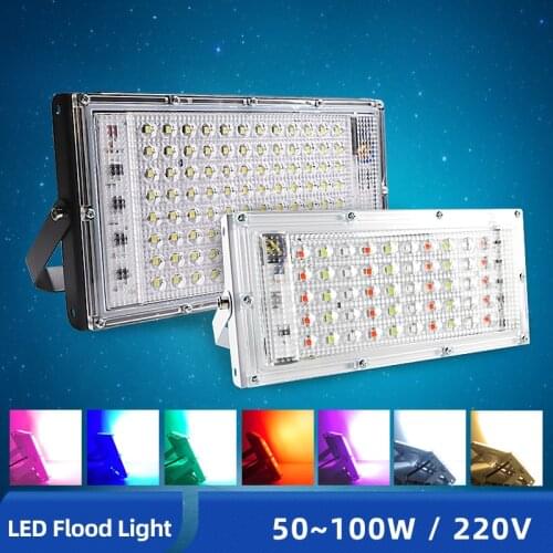 OK-B Remote LED FloodLight 50W RGB 100W 220V RReflector Light Lamp Waterproof IP65 Outdoor Flood Light Garden LED RGB Spotlight