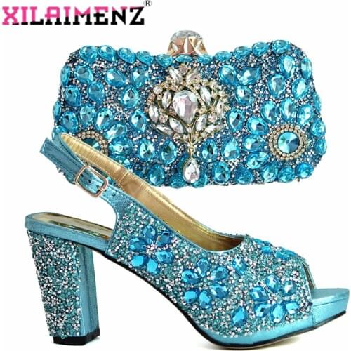 Mature Itaian Matching Shoes and Bag Set Sky Blue Color New Arrivals Slingbacks Sandals For Wedding Ladies Shoes with HangBag