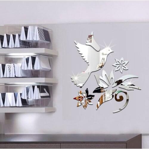 JM048 Acrylic Mirror Sticker Bedroom Living Room Background Wall Decal Flower Bird Mirror Sticker