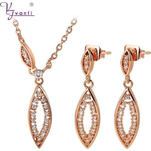 Kfvanfi Simple Geometric Rose Gold Color Cubic Zircon Jewellery Earrings Necklace Set For Women