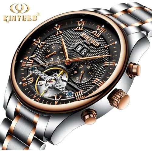 KINYUED Luxury Brand Watch Men Skeleton Automatic Stempunk Flying Tourbillon Watches Self Winding Mechanical Man Clock Rose Gold