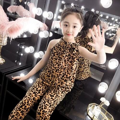 Children Clothing Sets Novel Summer Girls Leopard Sexy Sleeveless Blouse and Shorts Kids Clothes Baby Girl 3-14 Years Suits