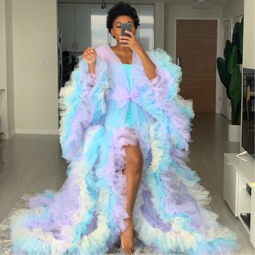 Pretty Mix Color Ruffles Tulle Long Robe Women 2020 Full Sleeves See Thru Pregnant Woman Dresses To Photo-shoot Vestidos