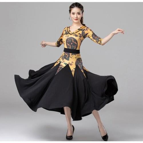 Fashion Printing Ballroom Dance Dress Women Competition Clothing Half Sleeve Waltz Performance Dresses Tango Practice Wear 3786