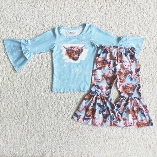 Teenagers Fashion Flare Long Sleeve Top Match Bells Set Cute Girl Cow Print Blue Outfit For Spring Autumn