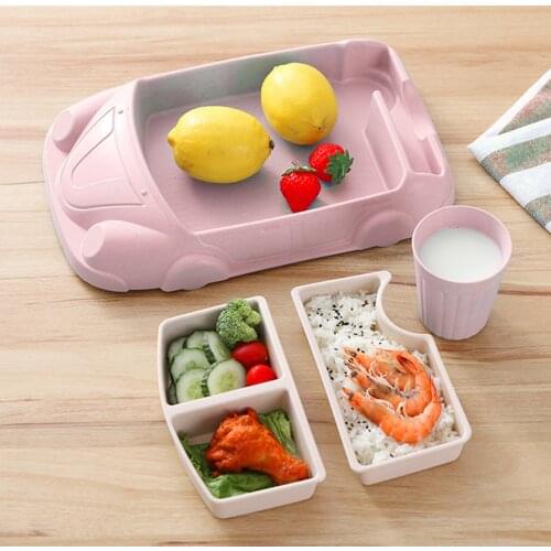 Bamboo Dinner Set,4-Piece Set for Kids and Toddlers – Plate,Bowl and Water Cup,Cartoon Car-Shaped Bamboo Fiber Dinner Plate