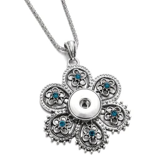 New Snap Jewelry Blue Crystal Hollow Flower Necklaces & Pendants Vintage Snap Necklace fit 18mm Snap Buttons for Women