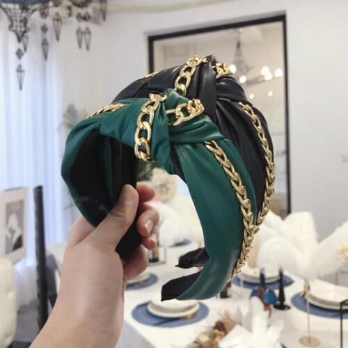 Girls New Fashion Universal Hairband Charming Anti-slip Faux Leather Alloy Metal Chain Knotted Hair Hoop Hair Accessories