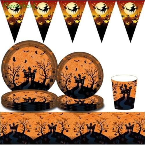 Disposable Plates Dinnerware Set Halloween Party Supplies Birthday Party Napkin Cup Knifves Forks Spoon Banner Baby Shower Decor