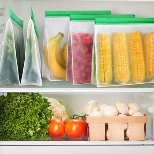 Food Storage Silicone Bag PEVA Stand Up Reusable Lunch Fresh Bags Leakproof Translucent Fruit Containers for Kitchen Freezer