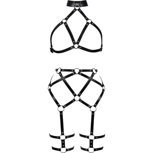 Gothic Choker Leather Body Harness Bondage Chest Cage 2Piece Set Erotic Lingerie Halloween Rave Women Sexy Garter Belt Costume