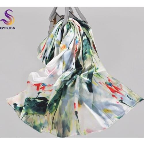 [BYSIFA] Fall New Silk Scarf Hijab Printed Elegant Green Plum Blossom Satin Long Scarves Shawls Winter Women Accessories Wraps