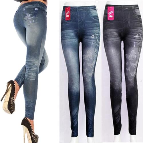 Women Printed Fake Jeans Leggings Autumn Denim Pants Skinny Faux Jeans Trousers Stretch Skinny Leggings Pencil Pants