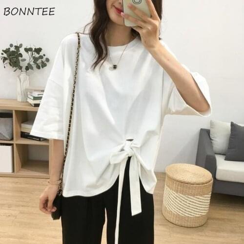Women T-shirts O-neck Solid Bandage Loose Designer Leisure All-match Elegant Fashion Korean Style Streetwear Females Summer Chic