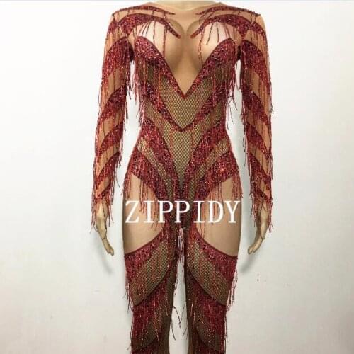 2 Colors Scars Bleed Design Jumpsuit Bling Rhinestones Tassel Rompers Costume DSDJ Singer Prom Celebrate Outfit Skinny Costumes