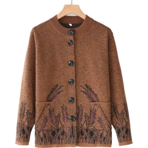 2019 Spring autumn knit sweater middle aged women print long sleeve single-breasted cardigan jacket female Plus size 4XL A2932