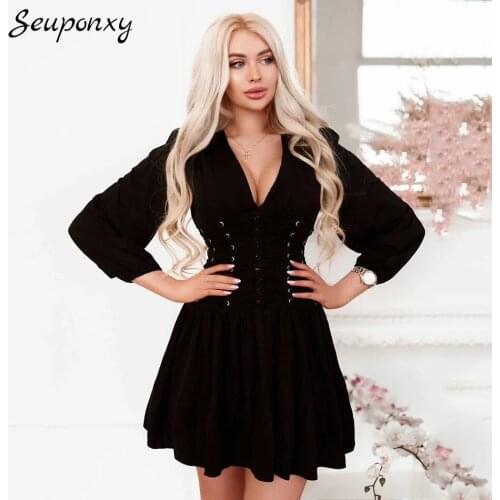 High Quality 2021 Spring Black Sexy V-neck Puff Sleeve Cross Tie Dress Elegant Womens Celebrity Party Club Dress Vestidos