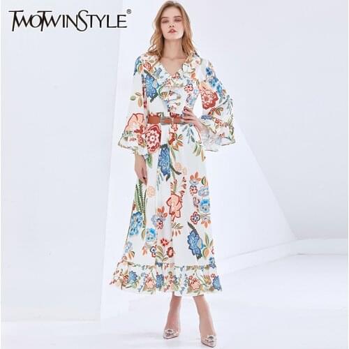 TWOTWINSTYLE Vintage Patchwork Ruffle Dress For Women V Neck Long Sleeve Sashes Hit Color Elegant Dresses Female Fashion New