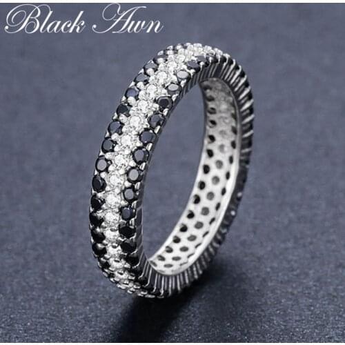 [BLACK AWN] Vintage 925 Sterling Silver Finger Ring Black Spinel Round Engagement Rings for Women Sterling Silver Jewelry C443