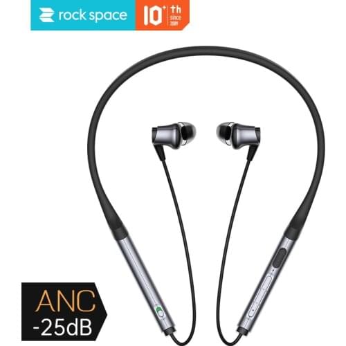Rock space Active Noise Cancelling Neckband Bluetooth Earphone Sport Bass Wireless Ear Headphone with Handsfree for Mobile Phone