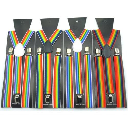 Unisex Clip-on Suspenders Elastic Suspender Seven Color Rainbow Stripe Pattern Elastic Y-back Suspenders