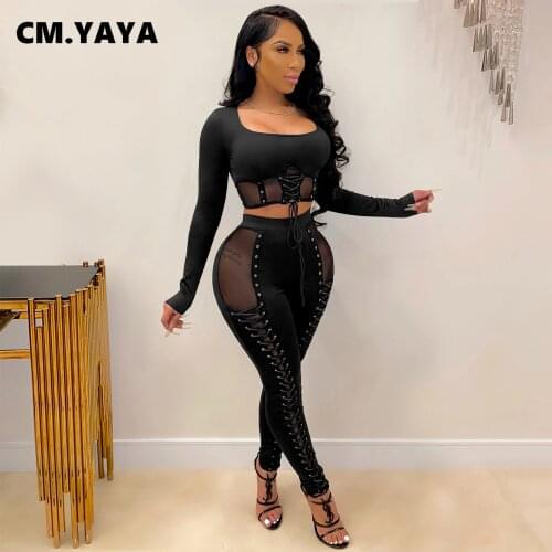 CM.YAYA Elastic Sweatsuit Mesh Patchwork Womens Set Lace Up Crop Top & Legging Suit Sexy Tracksuit Two Piece Set Fitness Outfit
