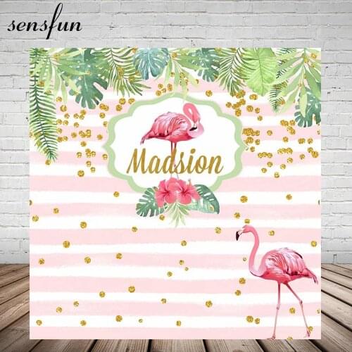 Gold Glitter Dots Pink Flamingo Tropical Rainforest Backdrop For Photo Studio White And Pink Striped Birthday Party Backgrounds