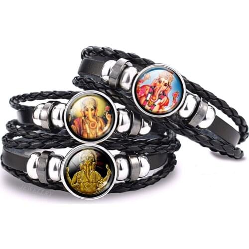 India Supernatural Being Statement Bangle Bracelet Elephant God Shiva Buddha Photo Black Leather Glass Cabochon Bracelets