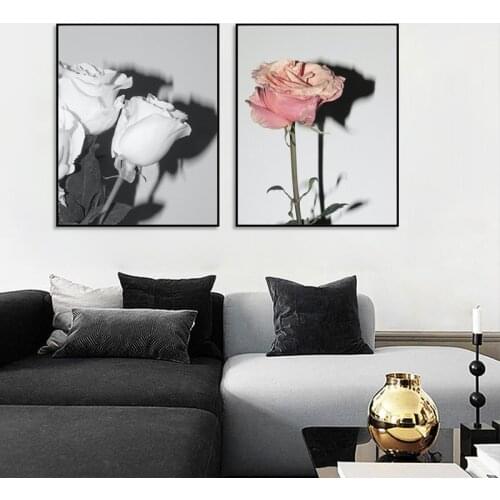 Pink Flower Canvas Painting Nordic White Rose Shadow Wall Art Poster and Print Fashion Scandinavian Living Room Home Decor