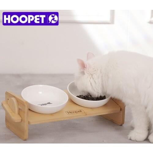 HOOPET Pet Bowl Cat Elevated Heights Bowls Ceramic Adjustable Double Bowls For Cat Dog Woodenb Food Dishes Cat Neck Care Bowls