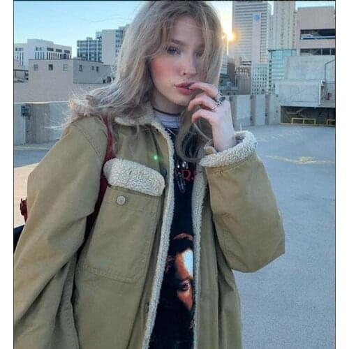 B-TOTO American Retro Khaki Lamb Wool Plus Fleece Jacket Women Winter Short Work Jacket 2021 New Fashion