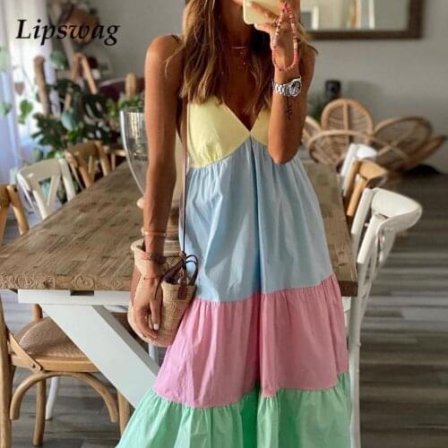 Summer Deep V Neck Lady Sexy Party Dress Casual Spring Sleeveless Sling Beach Dress Women Multicolor Patchwork Sweet Long Dress