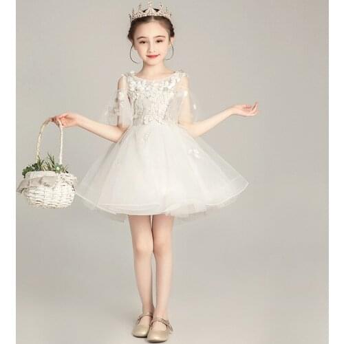 Cute Short Flower Girl Dresses for Weddings Sheer Neck Lace Appliques Tulle Kids Formal Birthday Gown