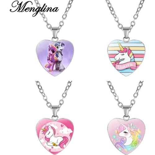 Menglina Fashion Cute Cartoon Horse Pendant Necklace Glass Cabochon Love Heart Shape Charm Necklace for Little Girls Women Gifts
