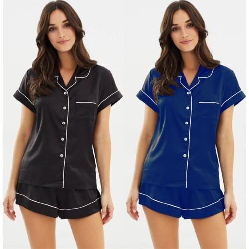 New Women Satin Plain Sleepwear Sets Casual Solid Short Sleeve Turn-down Neck Top Loose Shorts Nightwear Shorts Sets
