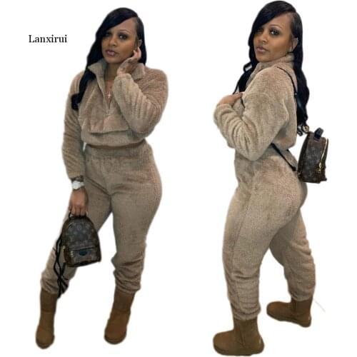 Autumn Winter Tracksuits Casual Plush 2 Piece Women Set Fluffy Sweatsuit Sweatshirt Long Jogger Sweatpants Fleece Outfit