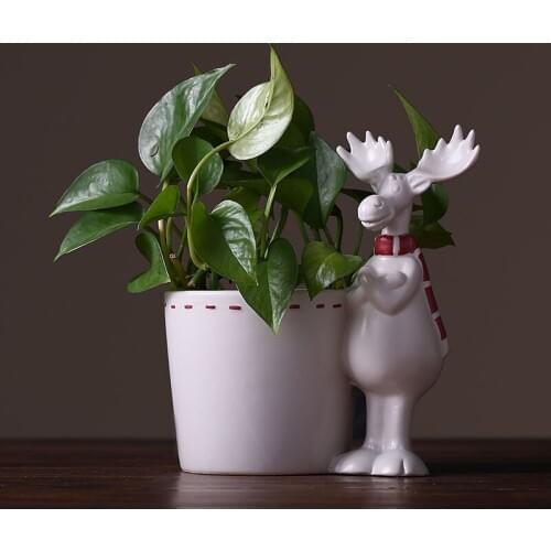 Pastoral style cute elk ceramic desktop plant small flower pot Simple white elk desktop storage jar