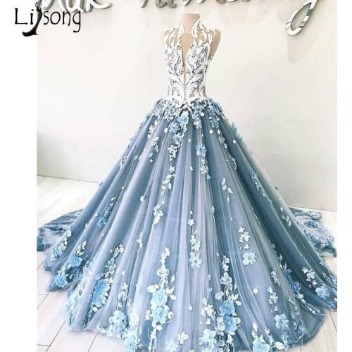 New Arrival Luxury Blue Prom Dresses Elegant 3D Floral Appliques Ball Gown Evening Dress Dubai Arabic Formal Wear Robe De Soiree