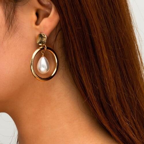 Simple Geometric Metal Circle Earrings French Retro Water Drop Imitation Pearl Earrings Ladies Party Accessories
