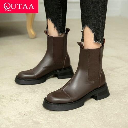 QUTAA 2022 Cow Leather Autumn Winter Ladies Pumps Slip On Ankle Boots Square Med Heel Round Toe Quality Women Shoes Size 34-39