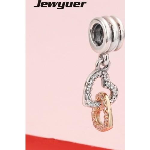 Interlocked Hearts Charms 925 sterling silver jewelry with gold heart fit charm beads bracelet necklace diy Fine jewelry GD114