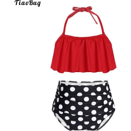 TiaoBug Summer Kids Girls 2Pcs Swimsuit Halter Neck Shoulder Straps Tie Back Ruffle Crop Top Polka Dots Printed Bottom Bikini
